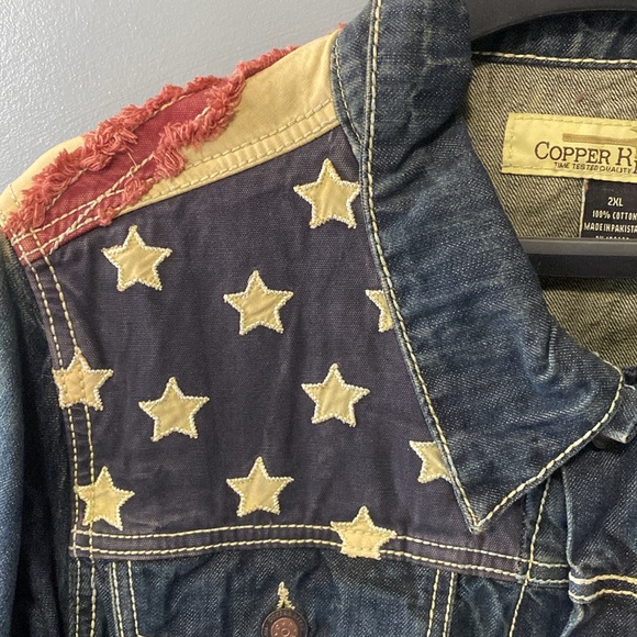 COPPER RIVET MEN'S USA STARS & STRIPES COTTON  DISTRESSED DENIM JACKET SIZE 2XL - Picture 5 of 10